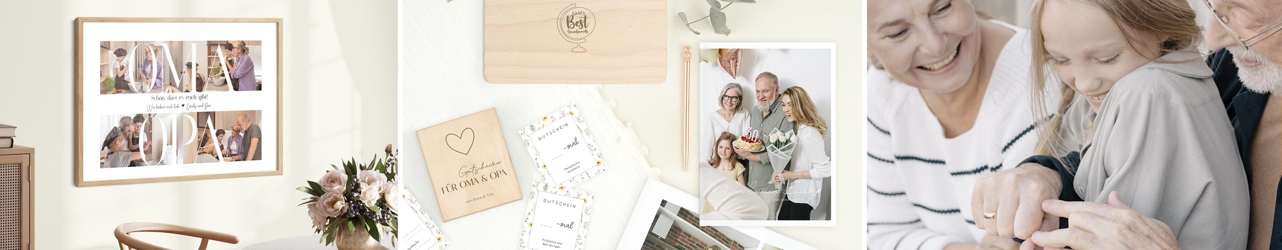 Wandbild, Gutscheinbox und Frühstücksbrett als persönliche Geschenke für Oma und Opa