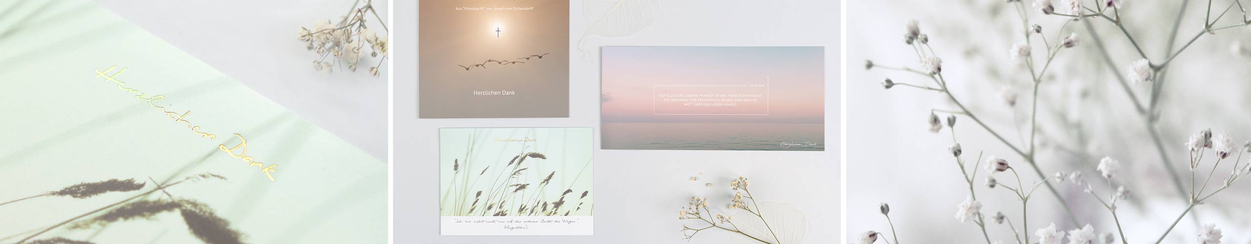 Trauerdanksagungskarten jetzt bequem und einfach online gestalten Verschiedene Trauerdanksagungskarten in dezentem Design