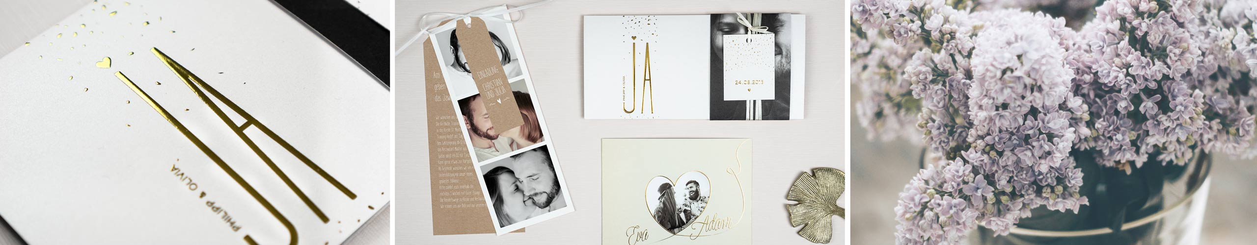 Einladungskartem zur Hochzeit mit verschiedenen Motiven