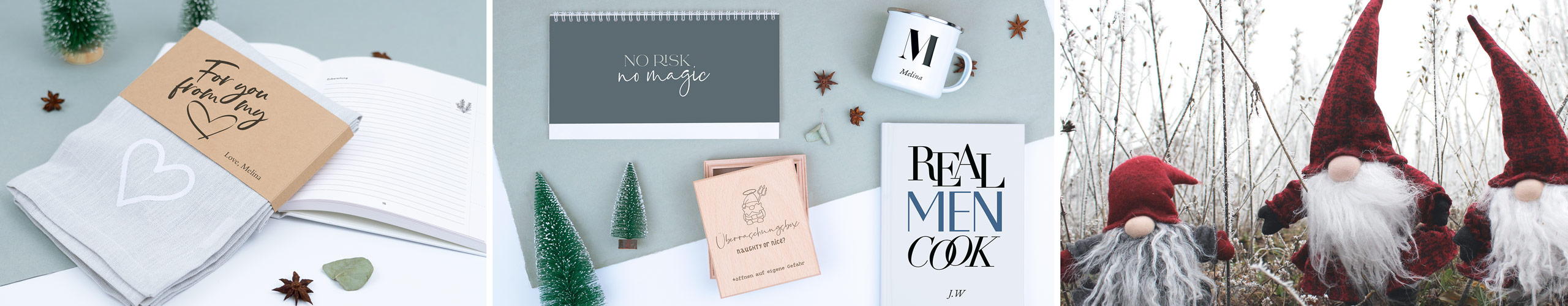 Kalender, Tasse, Box und Rezeptbuch als Wichtelgeschenke